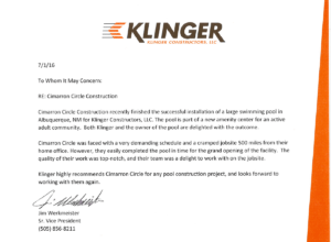 Klinger praises Cimarron for pool construction project