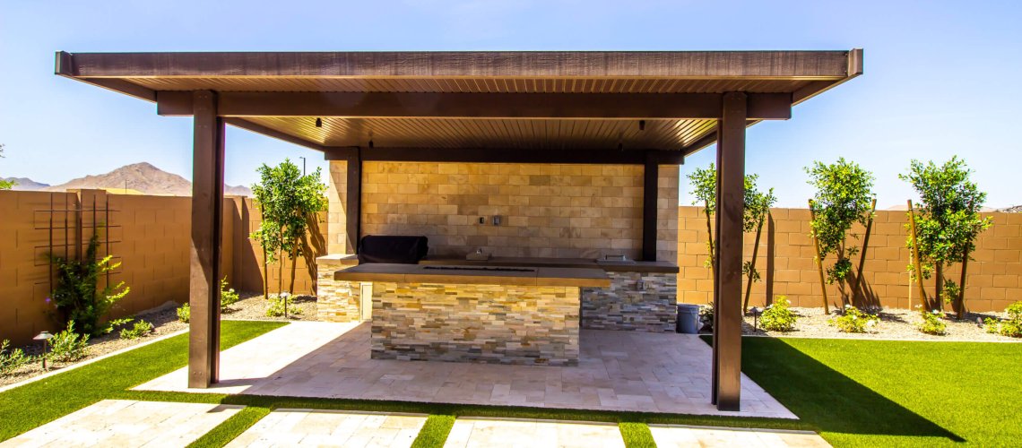 Rear Yard Pergola Covering Built In BBQ Area